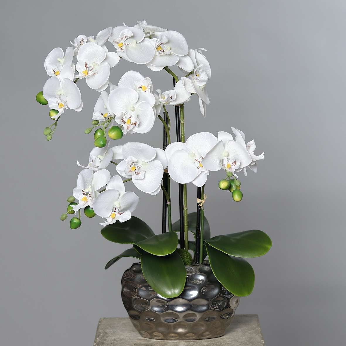 Künstliche Orchideen in silbernem Keramiktopf