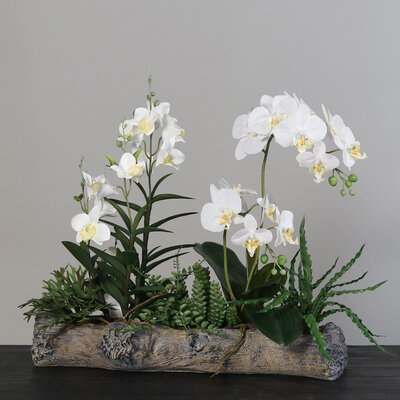 Künstliche Orchideen in Holz Schale Bild 2